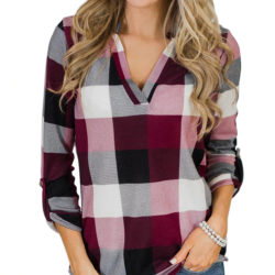 Women’s V-neck Plaid Shirt