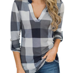 Women’s V-neck Plaid Shirt