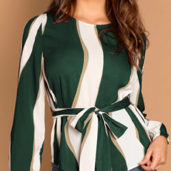 Green Waist Belted Blouses for Women